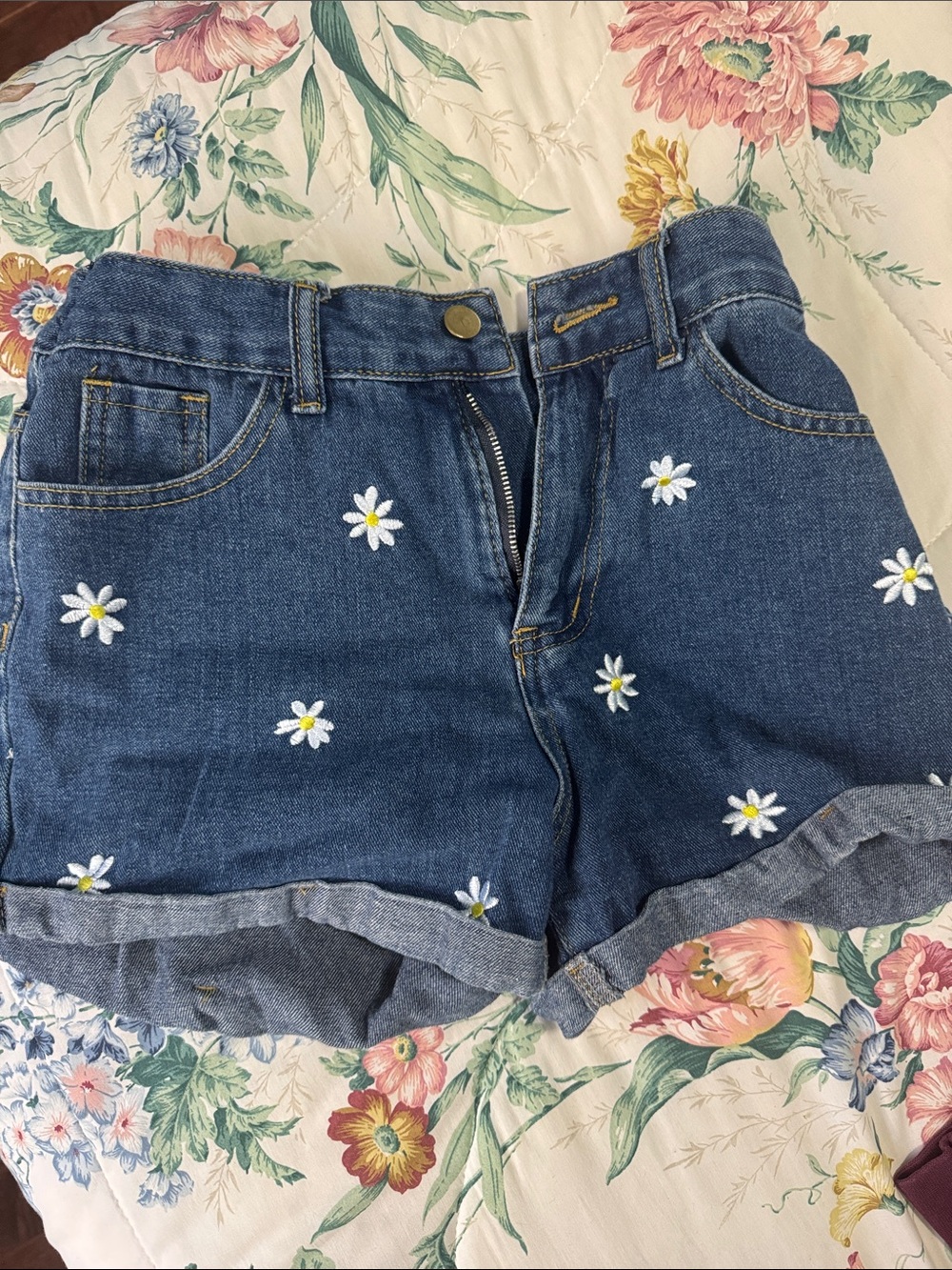ROMWE Blue Denim Daisy Embroidered Shorts